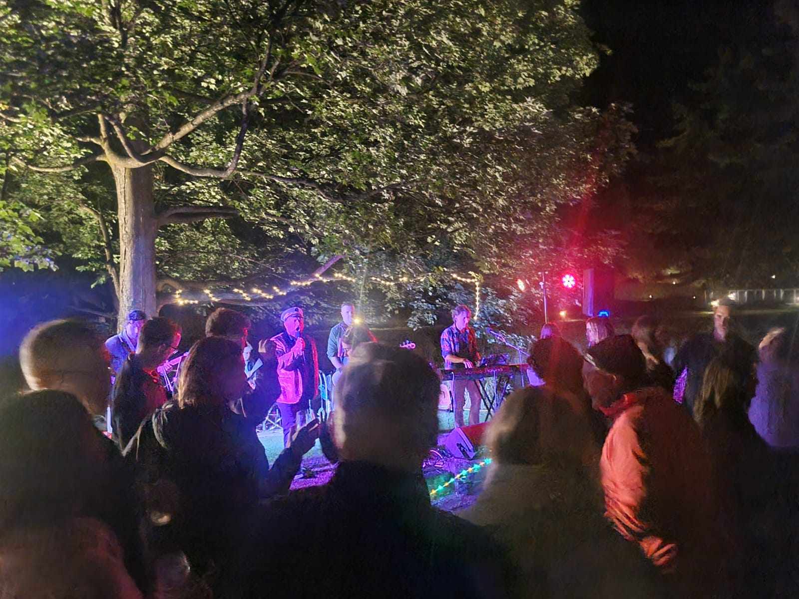 Live outdoor performance by a vibrant rock band under string lights, energizing a crowd at a nighttime event � perfect for weddings, parties, and special occasions in Queenstown and Central Otago.